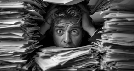 Erstelle mir eine realistische aussehende schwarz-weiß Fotografie, wo eine Führungskraft in einem Unternehmen mit ihren Führungsaufgaben komplett überfordert zu sein scheint.(2) Erstelle mir eine realistische aussehende schwarz-weiß Fotografie, wo eine Führungskraft in einem Unternehmen mit ihren Führungsaufgaben komplett überfordert zu sein scheint.(2)